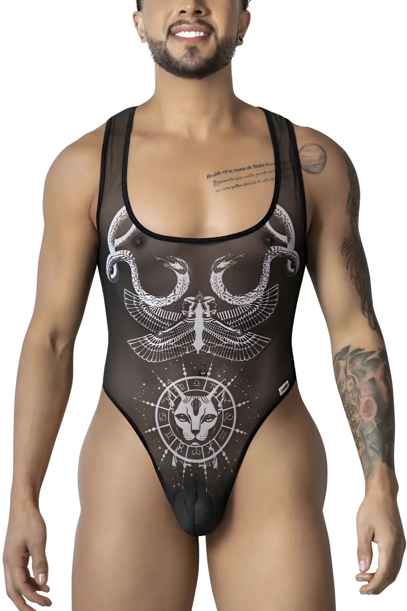 Black sheer CandyMan 99869 Egyptian bodysuit with white intricate zodiac and serpent design on one piece garment