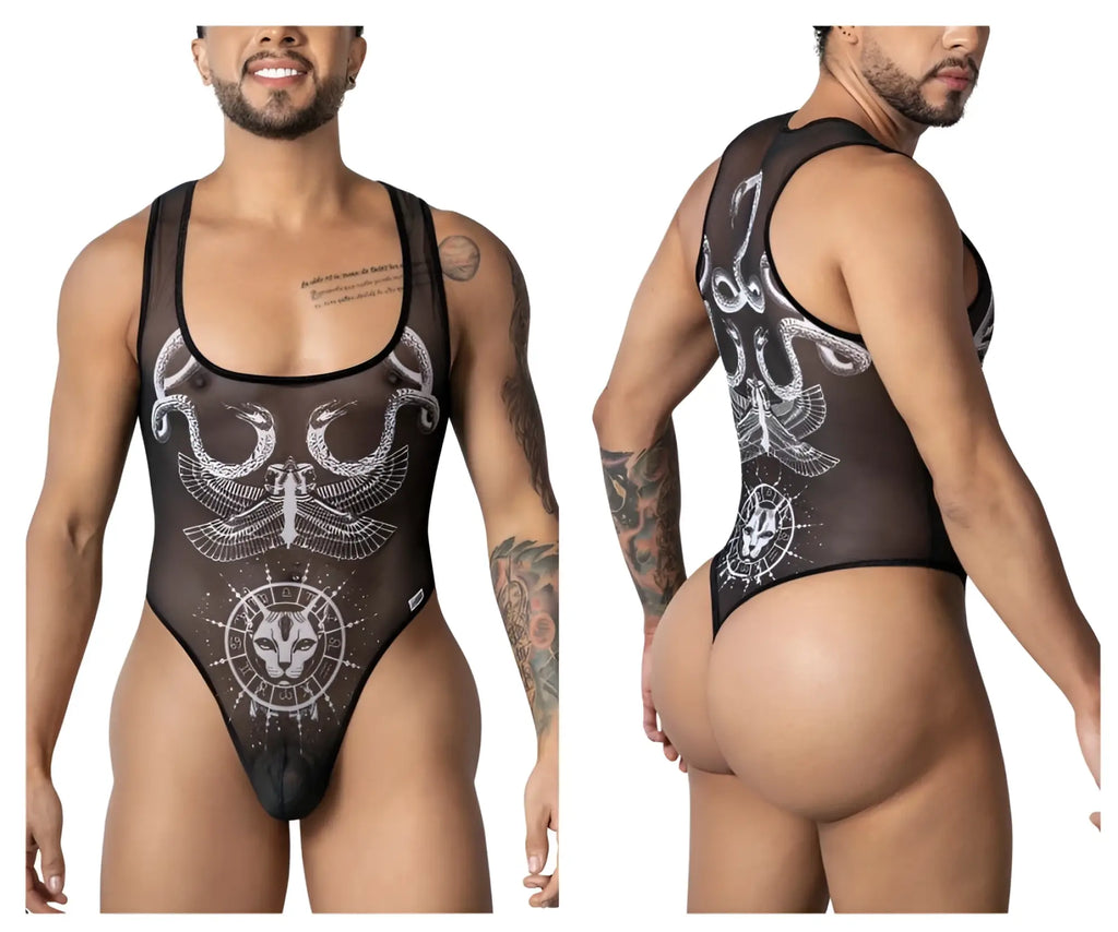 Black sheer CandyMan 99869 Egyptian bodysuit with white intricate winged serpent and cat zodiac designs