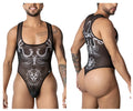 Black sheer CandyMan 99869 Egyptian bodysuit with white intricate winged serpent and cat zodiac designs