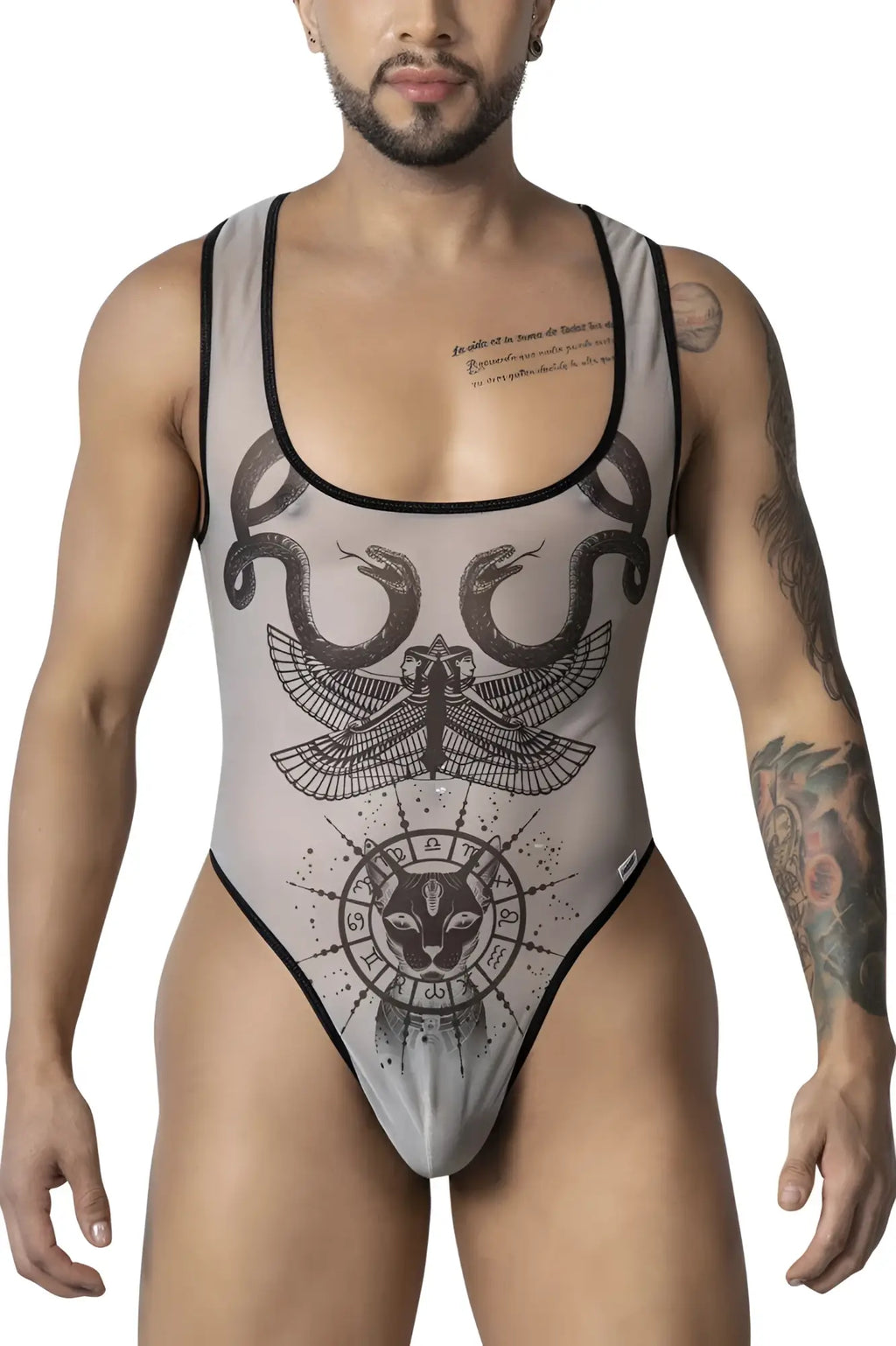 Gray mesh one-piece bodysuit with black inked zodiac and mythological creature design in nude-black colors