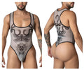CandyMan 99869 gray mesh one-piece bodysuit with black inked serpent winged beetle and zodiac cat designs color nude-black