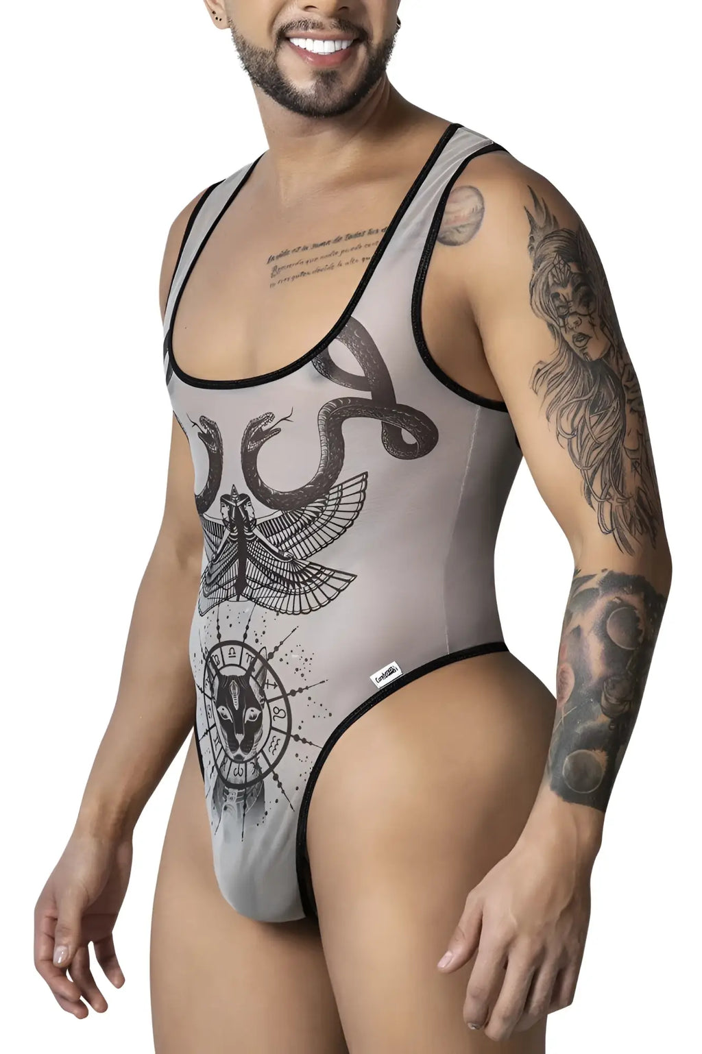 Gray mesh CandyMan 99869 Egyptian bodysuit with black trim and intricate moth snakes animal head design