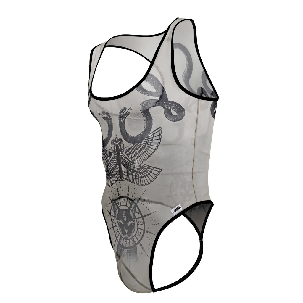 CandyMan 99869 sheer gray mesh tank top with black trim featuring snakes eagle cat-faced zodiac print in nude-black