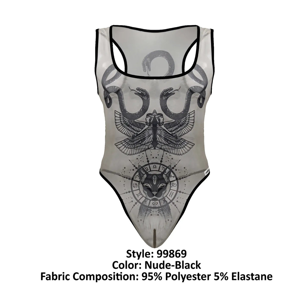 A sheer nude-black one-piece swimsuit with intricate black snake, eagle-headed figure, and zodiac cat designs candyMan 99869