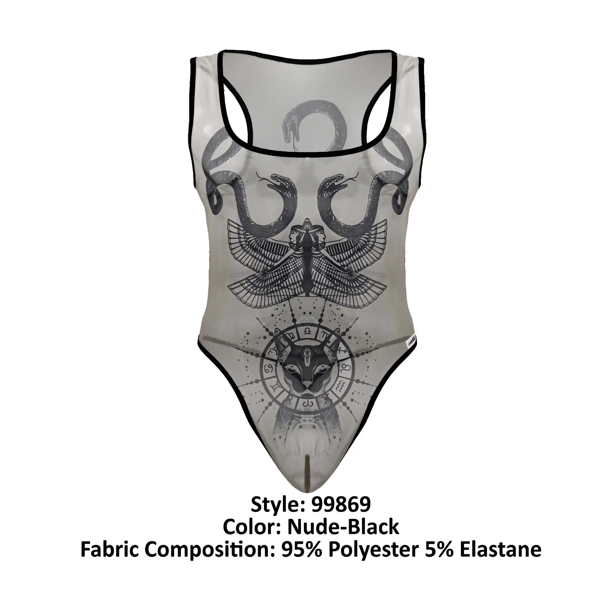 A sheer nude-black one-piece swimsuit with intricate black snake, eagle-headed figure, and zodiac cat designs candyMan 99869