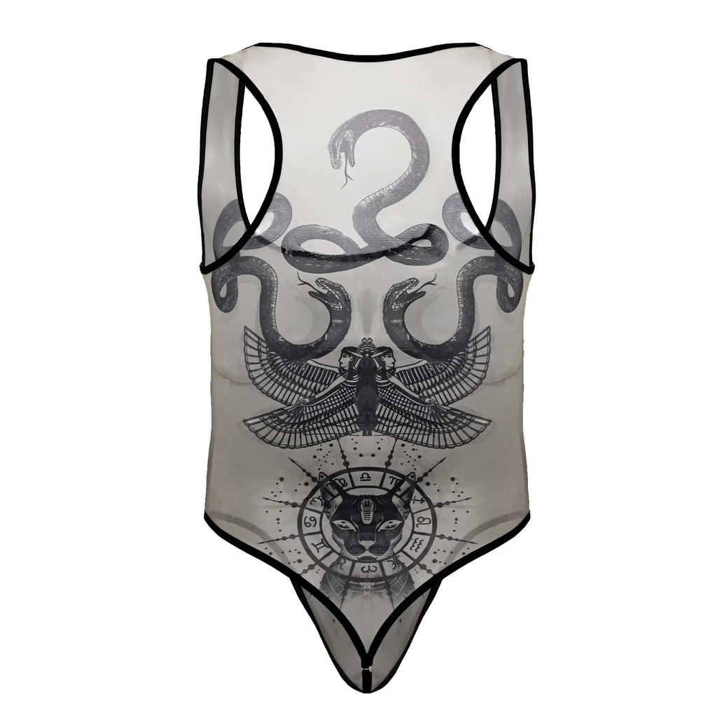 Sheer nude-black CandyMan 99869 Egyptian bodysuit with black trim featuring snakes, winged figure, and zodiac cat emblem