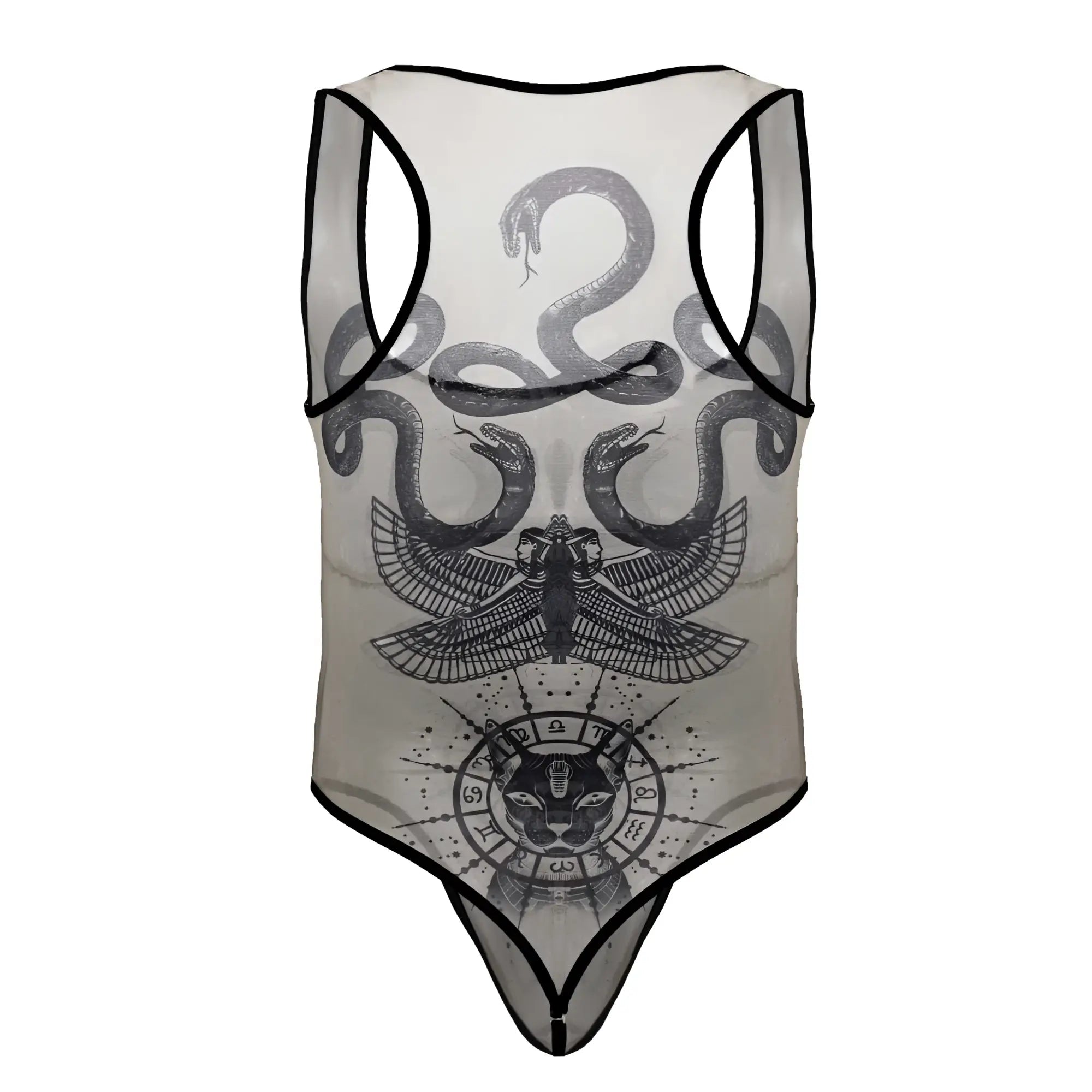Sheer nude-black CandyMan 99869 Egyptian bodysuit with black trim featuring snakes, winged figure, and zodiac cat emblem