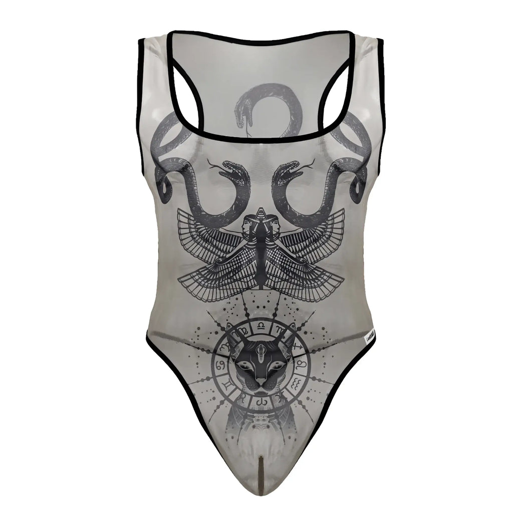CandyMan 99869 Egyptian bodysuit sheer nude black one-piece swimsuit with snakes eagle and cat zodiac graphic
