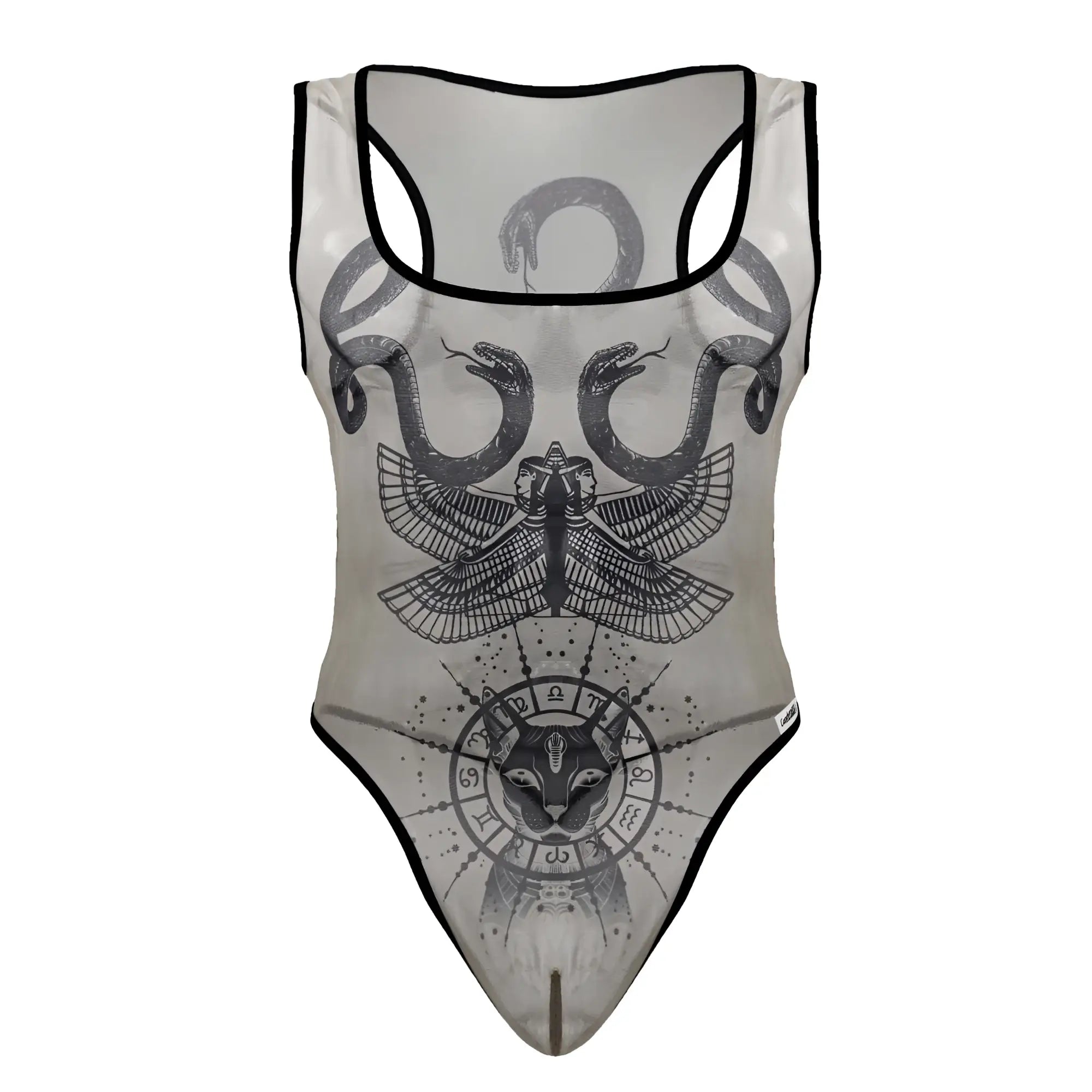 CandyMan 99869 Egyptian bodysuit sheer nude black one-piece swimsuit with snakes eagle and cat zodiac graphic