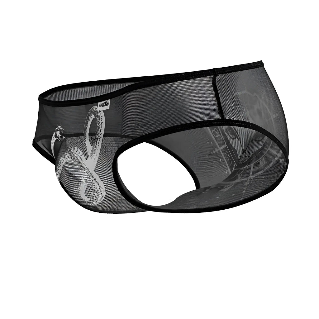 Black mesh CandyMan 99871 Egyptian briefs featuring a detailed white snake design on black-white fabric