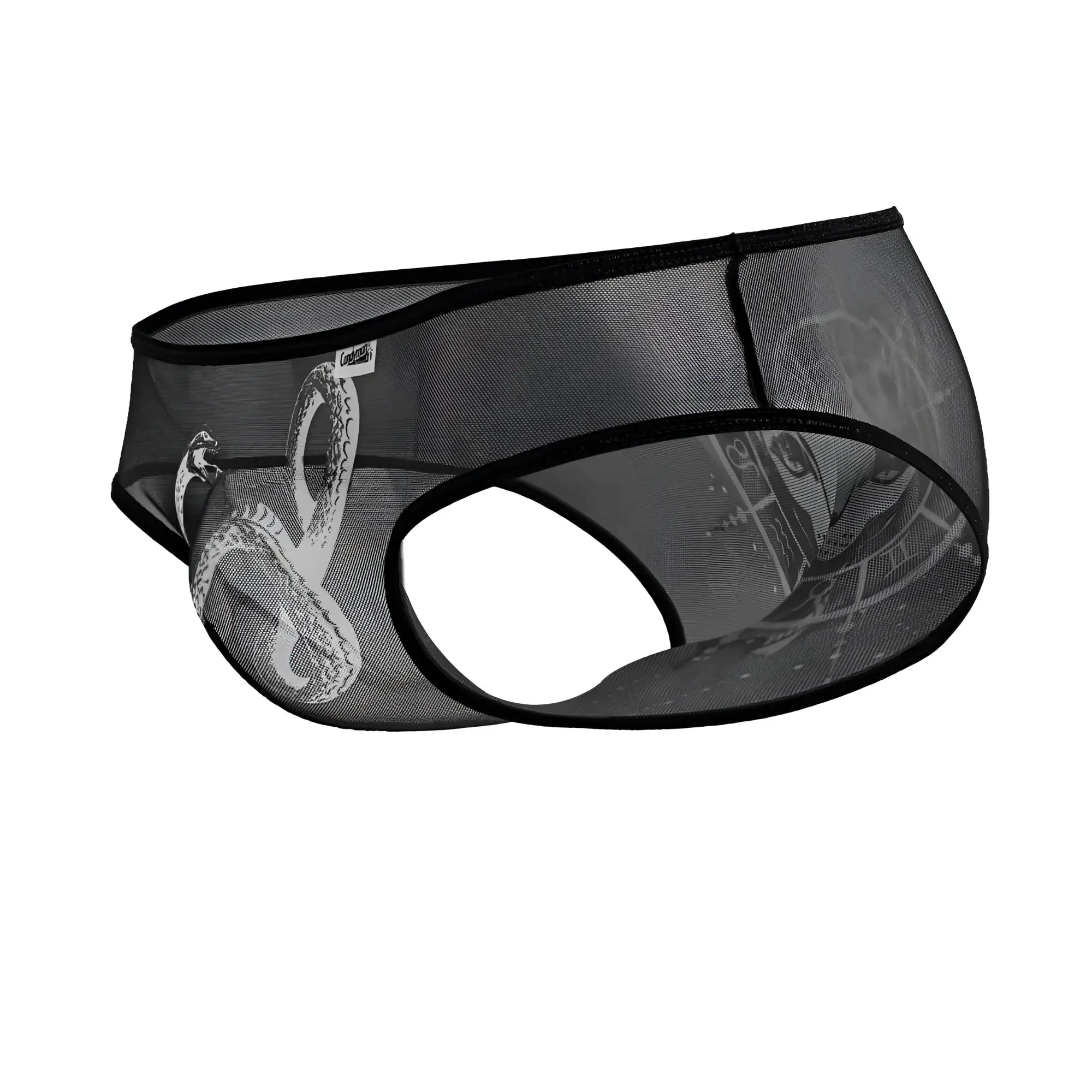 Black mesh CandyMan 99871 Egyptian briefs featuring a detailed white snake design on black-white fabric