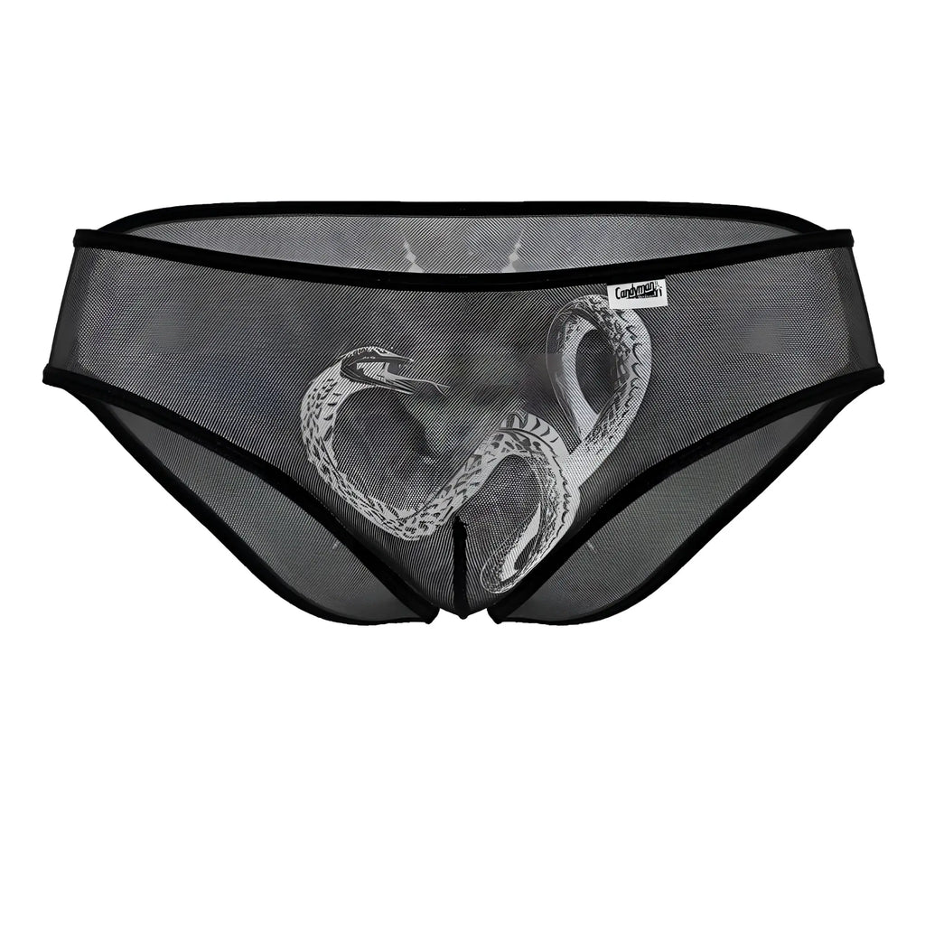 Black mesh candyMan 99871 Egyptian briefs with detailed white snake design on front