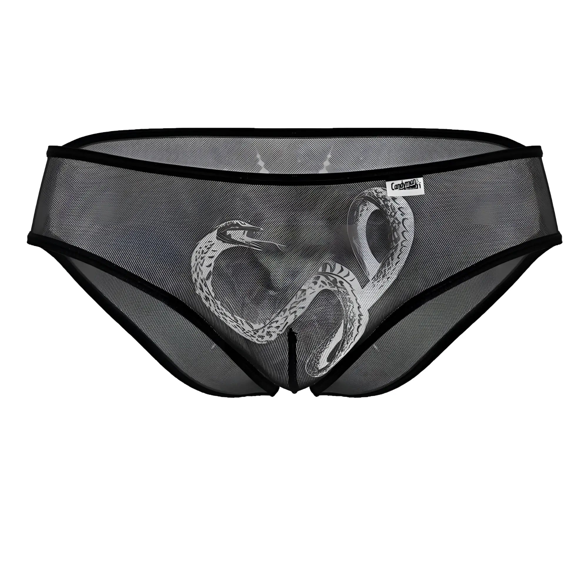Black mesh candyMan 99871 Egyptian briefs with detailed white snake design on front