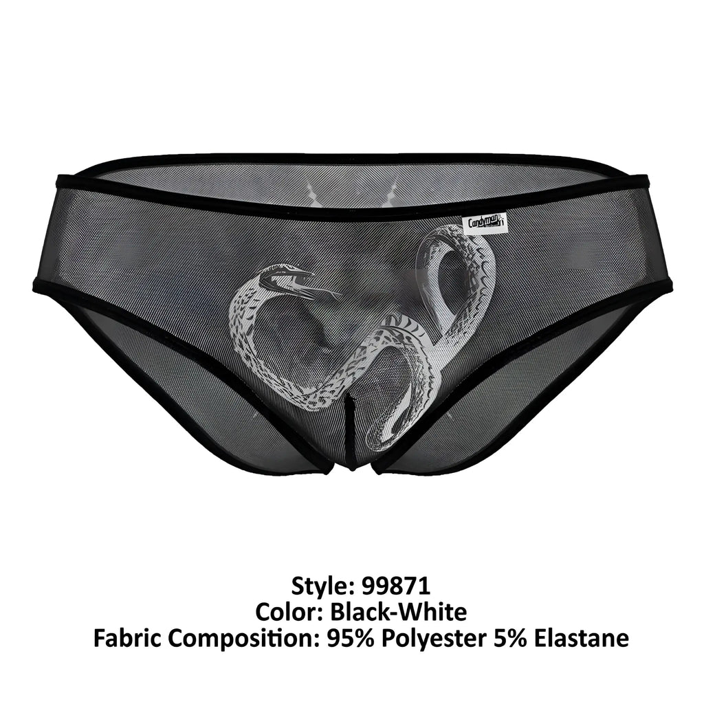 Black mesh CandyMan 99871 Egyptian briefs with white snake design made of 95 polyester 5 elastane