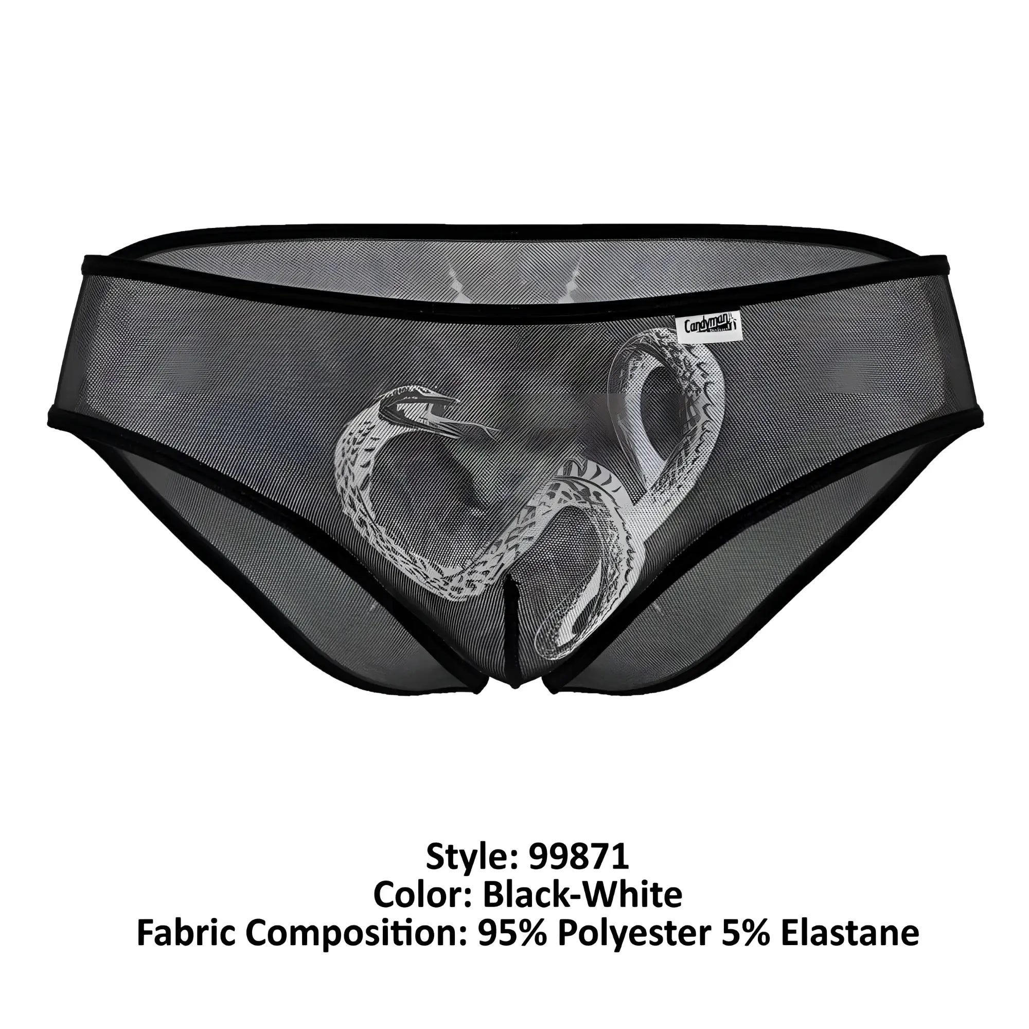 Black mesh CandyMan 99871 Egyptian briefs with white snake design made of 95 polyester 5 elastane