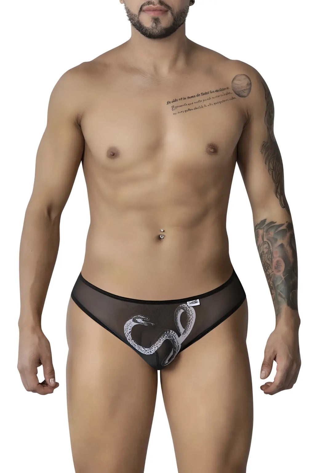 Black sheer mesh briefs with white embroidered snake design candyMan 99871 egyptian briefs black-white
