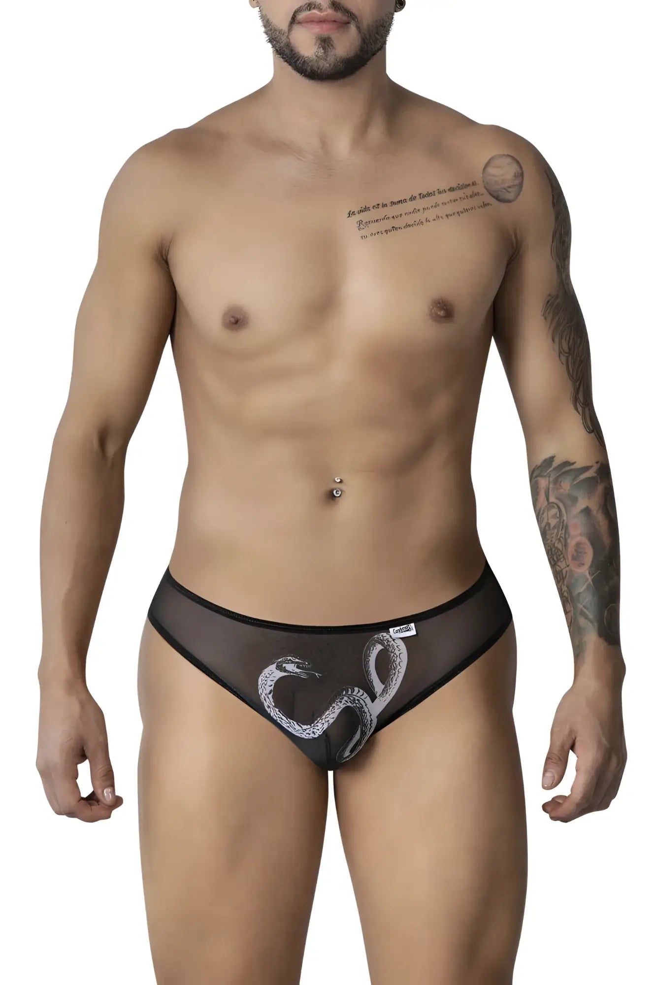 Black sheer mesh briefs with white embroidered snake design candyMan 99871 egyptian briefs black-white