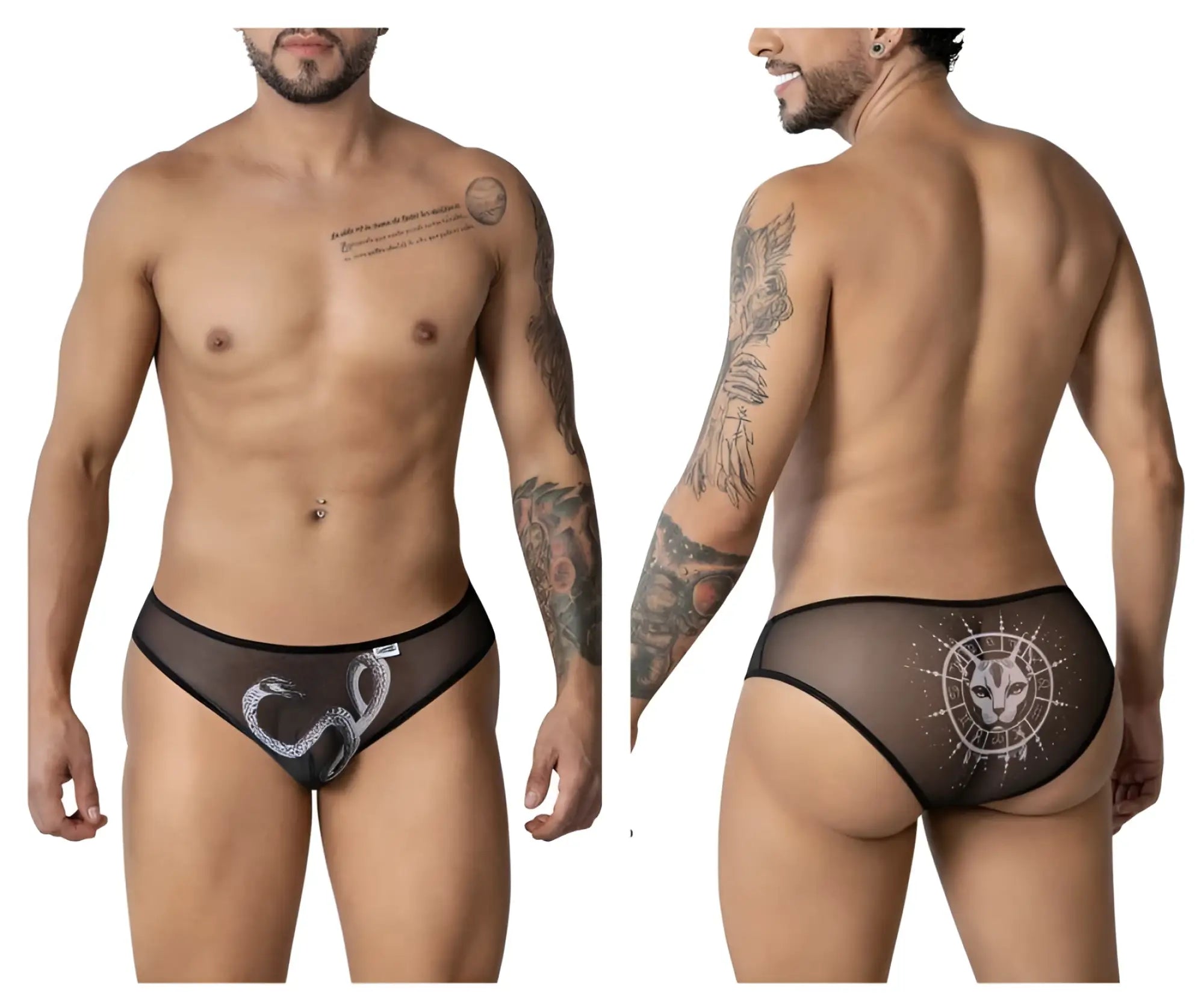 Black sheer mesh briefs candyman 99871 featuring white snake design front and white feline emblem back view