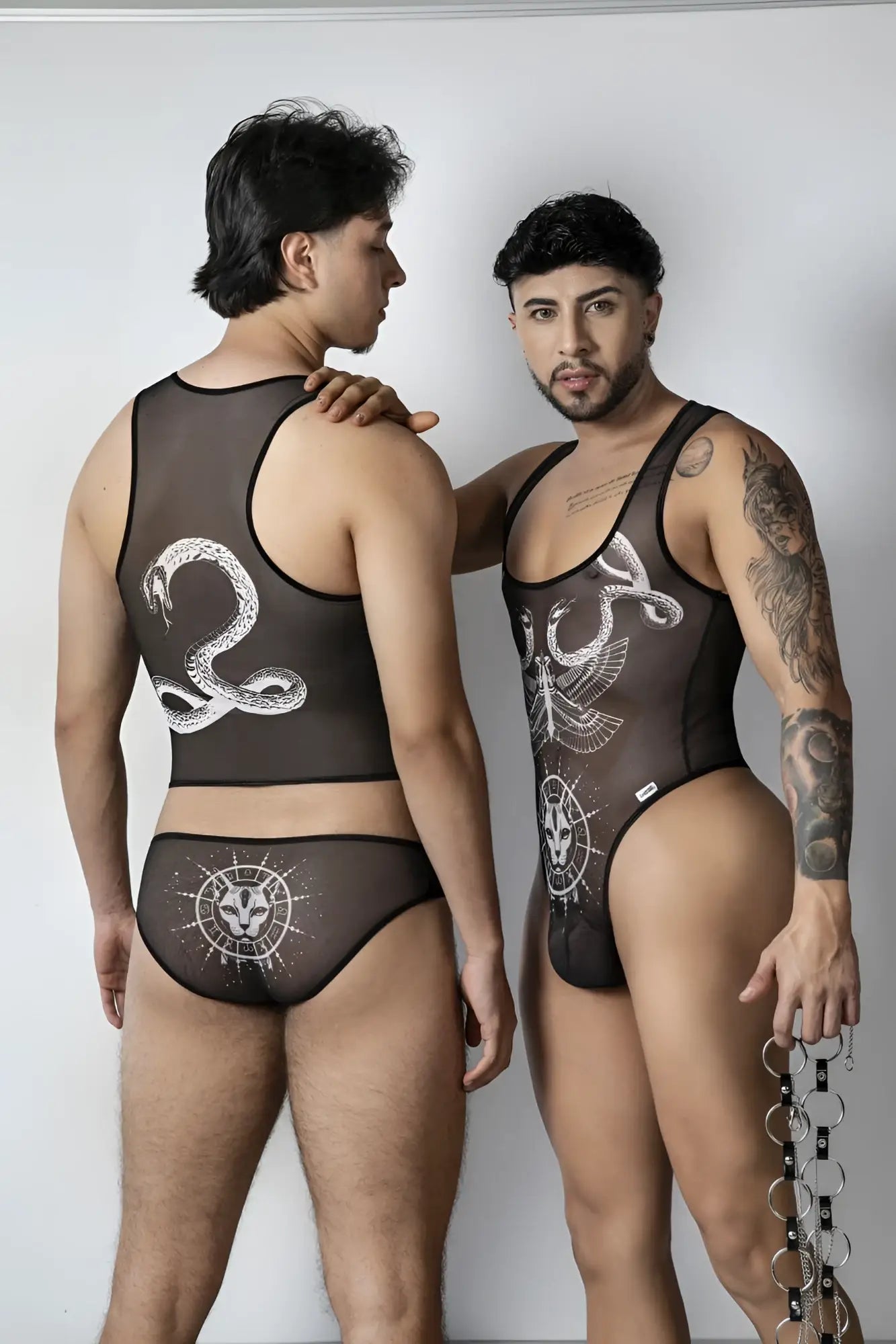 Black sheer mesh two-piece set with white intricate snake and eagle designs from candyman 99871 egyptian briefs