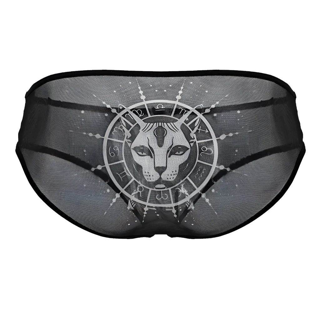 Black sheer mesh CandyMan 99871 Egyptian briefs with a white egyptian cat graphic and zodiac symbols