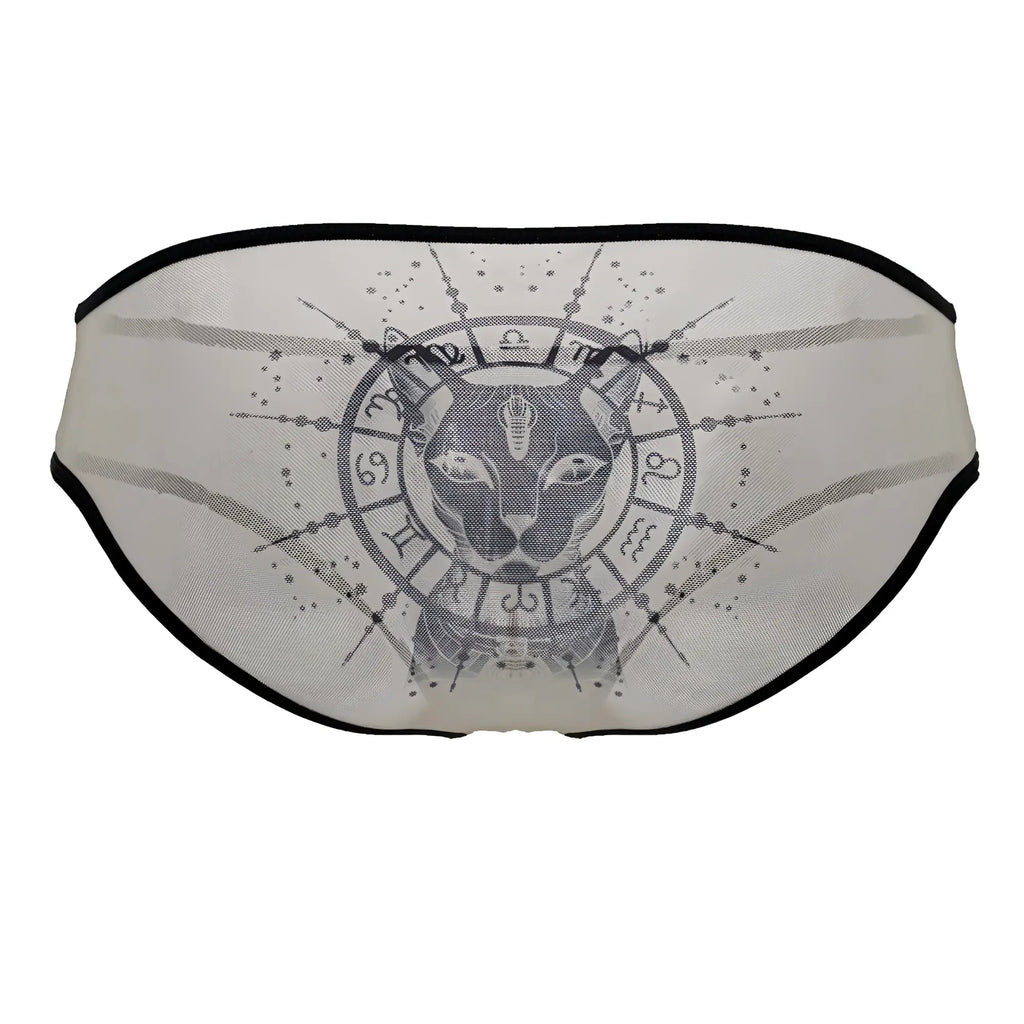 A delicate sheer white mesh brief with black trim and egyptian cat graphic from candyman 99871 egyptian briefs nude-black