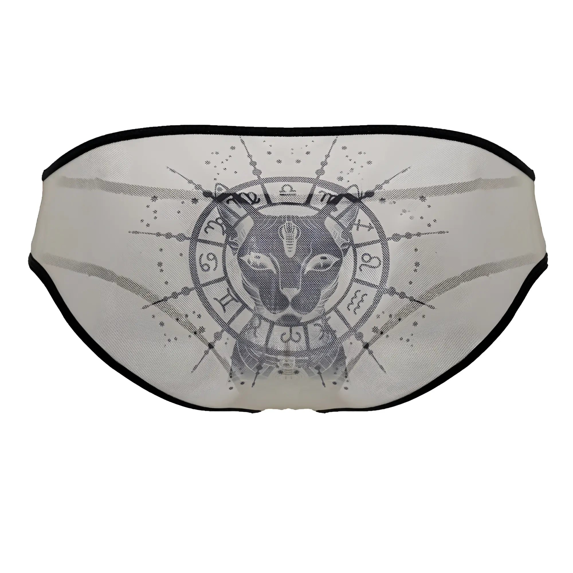A delicate sheer white mesh brief with black trim and egyptian cat graphic from candyman 99871 egyptian briefs nude-black
