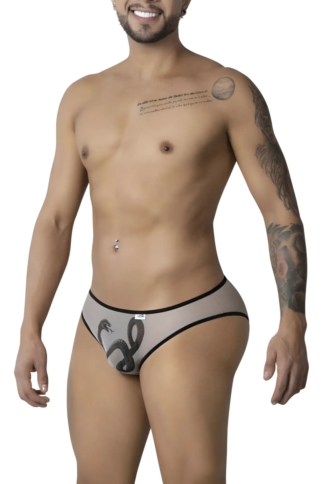 CandyMan 99871 Egyptian briefs gray mesh with black snake design and contrasting black trim in nude-black color