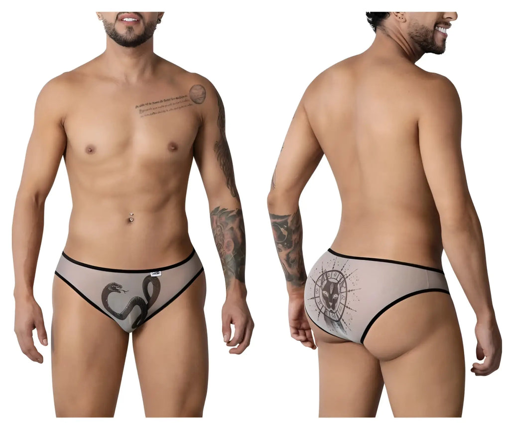 Black and gray patterned mesh briefs with snake design on front and alien motif on back candy man 99871 egyptian briefs