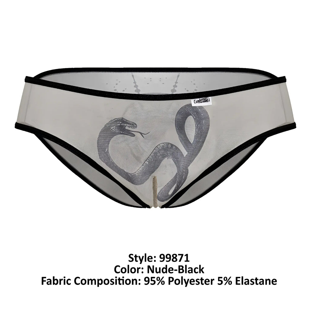 Nude-black sheer mesh CandyMan 99871 Egyptian briefs with detailed black snake graphic and contrasting black trim