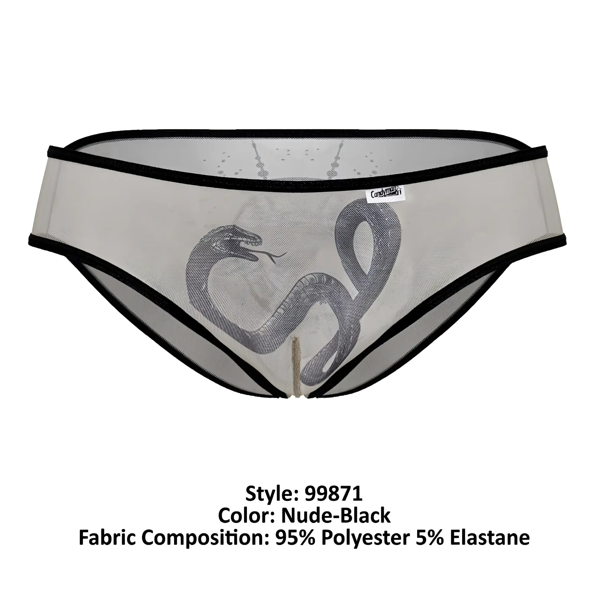 Nude-black sheer mesh CandyMan 99871 Egyptian briefs with detailed black snake graphic and contrasting black trim