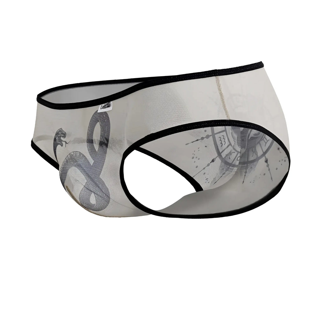 CandyMan 99871 Egyptian briefs in nude black transparent mesh with black trim and gray snake design
