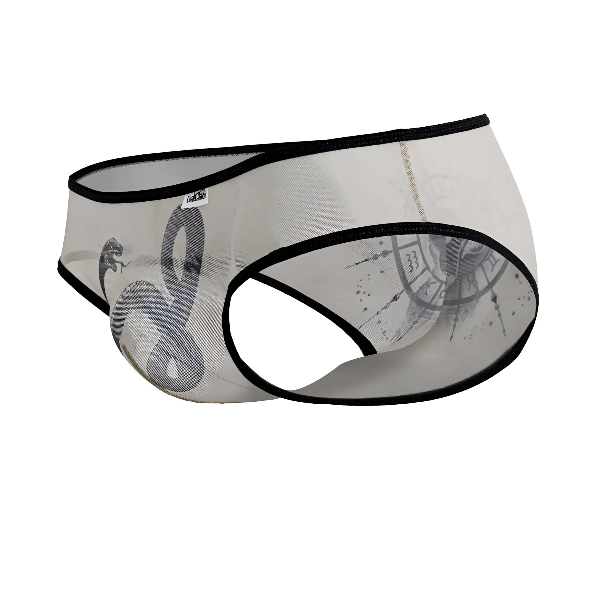 CandyMan 99871 Egyptian briefs in nude black transparent mesh with black trim and gray snake design