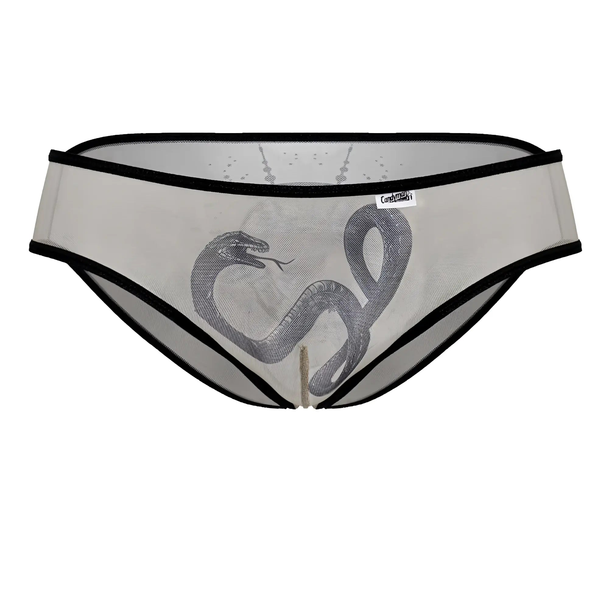 CandyMan 99871 Egyptian briefs in nude black sheer mesh with black trim and detailed gray snake illustration