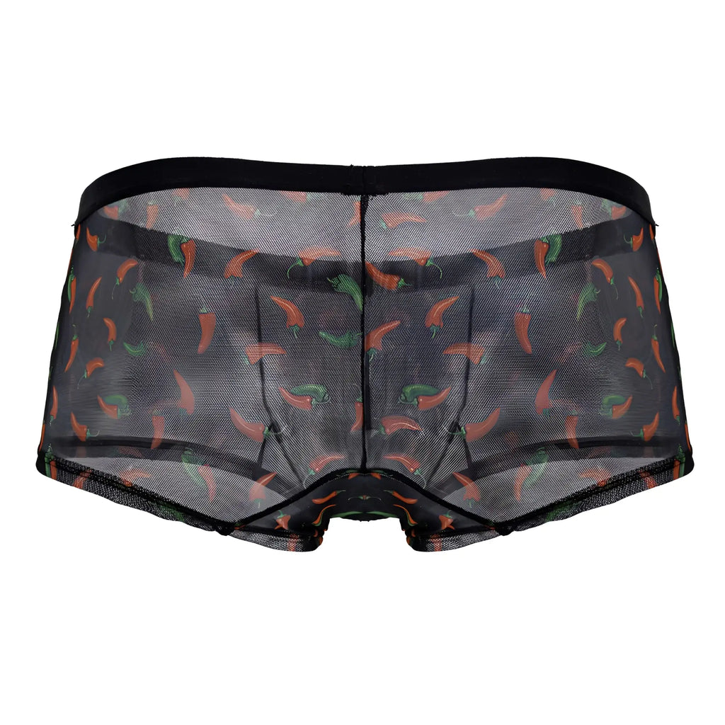 Black mesh candyMan 99873 chili pepper trunks with orange and green chili pepper print briefs