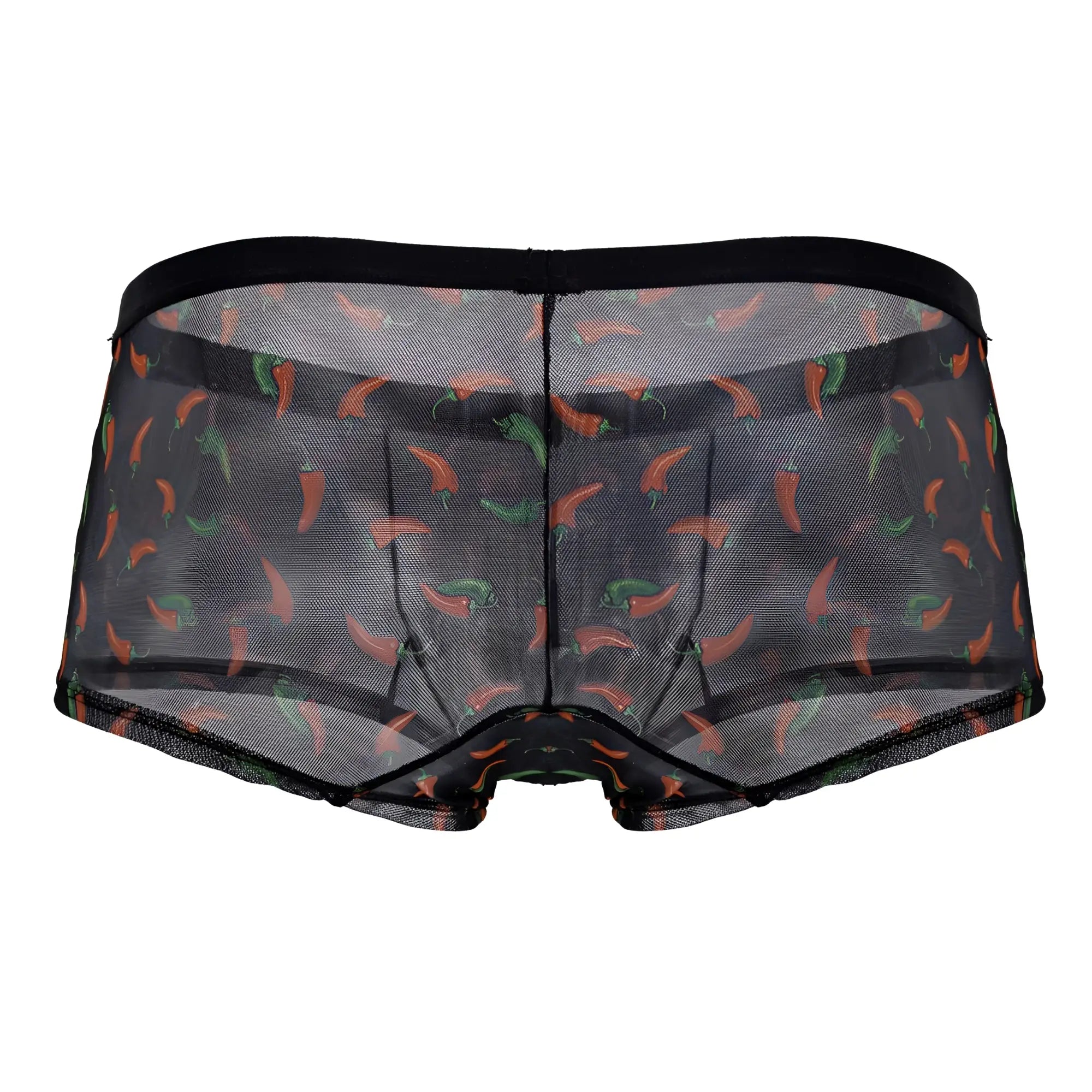 Black mesh candyMan 99873 chili pepper trunks with orange and green chili pepper print briefs