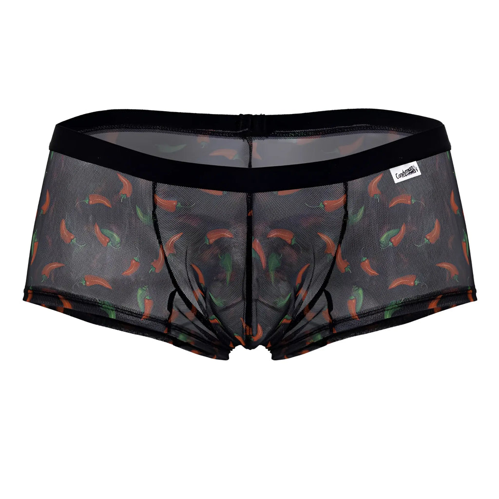 Black mesh CandyMan 99873 chili pepper trunks with playful orange and green chili pepper print briefs