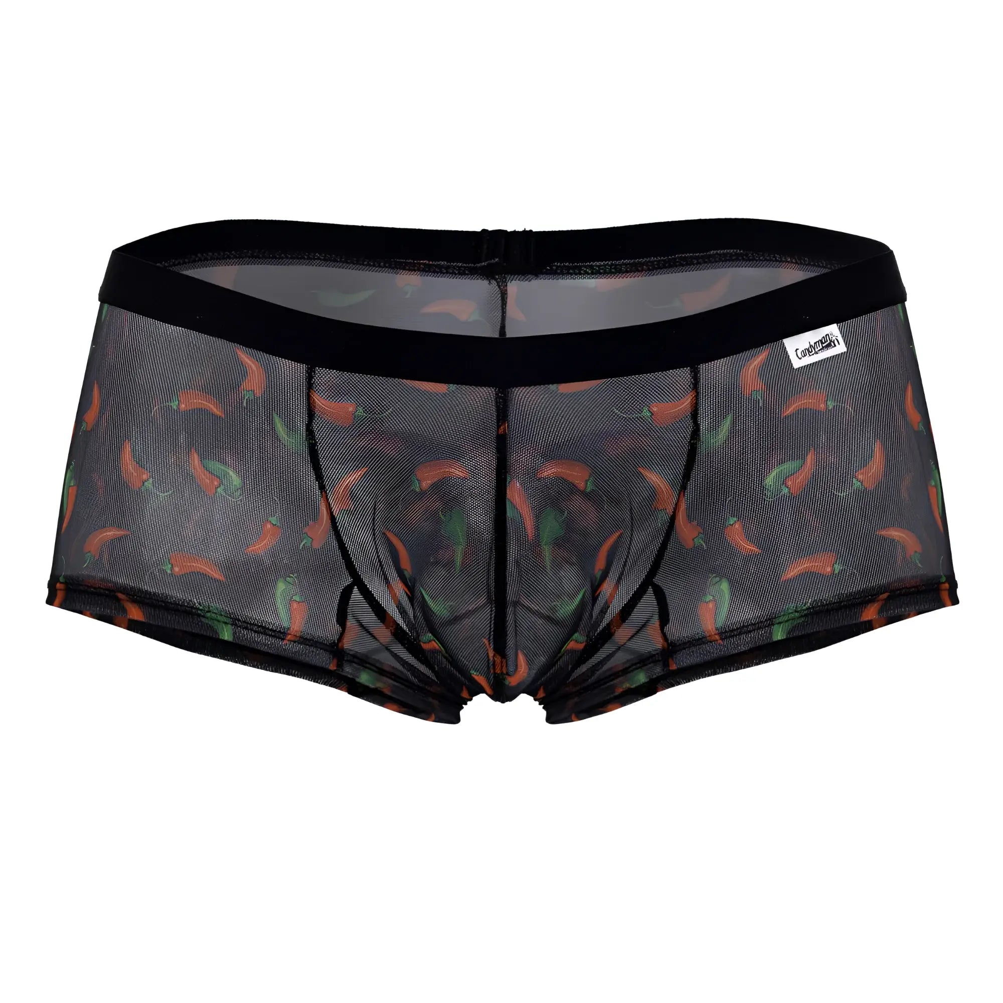 Black mesh CandyMan 99873 chili pepper trunks with playful orange and green chili pepper print briefs