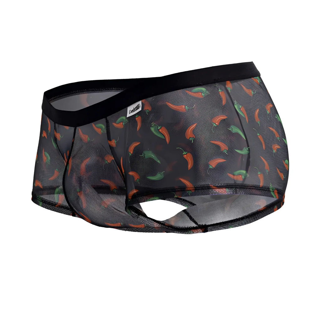 Black mesh briefs with a playful orange and green chili pepper print candyMan 99873 chili pepper trunks