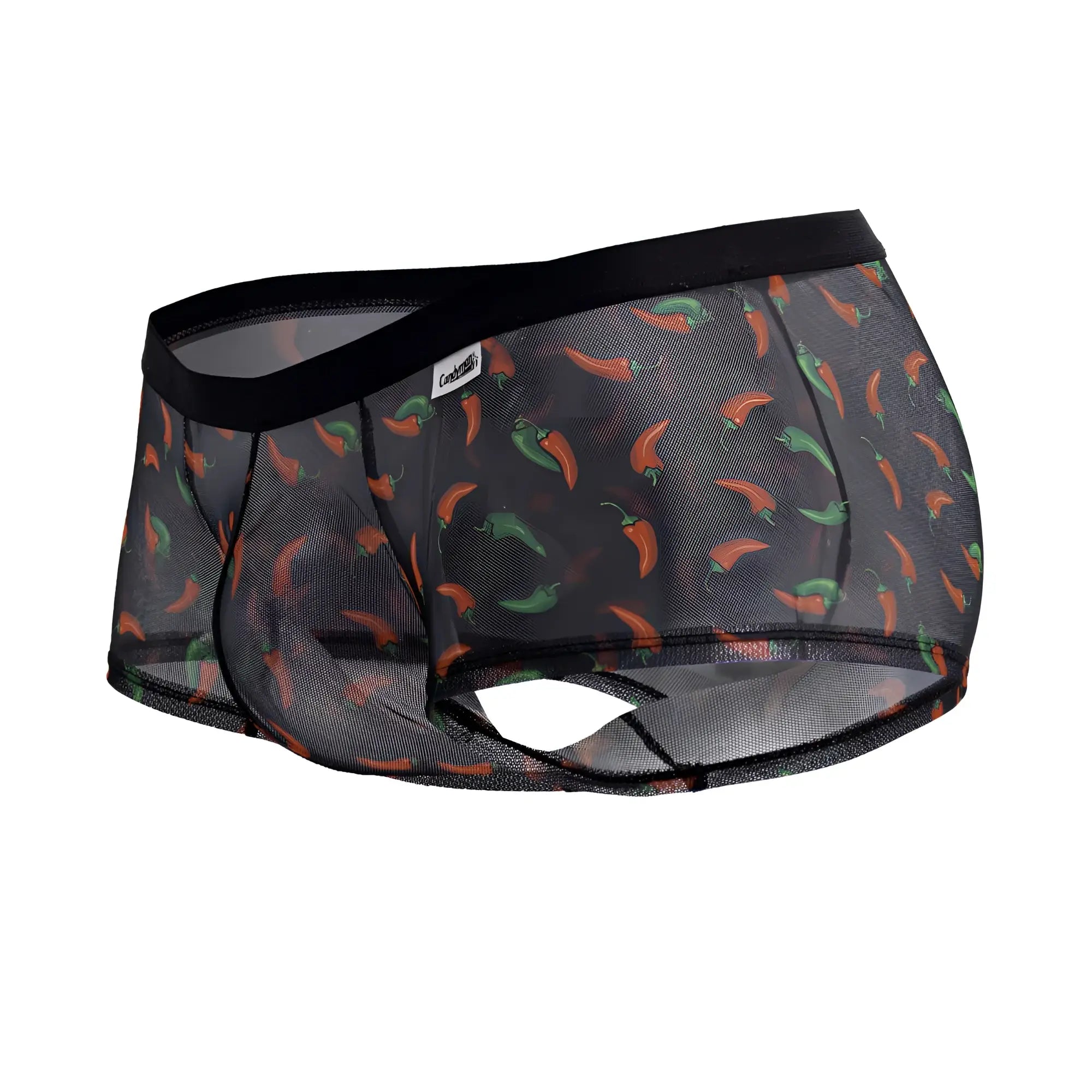 Black mesh briefs with a playful orange and green chili pepper print candyMan 99873 chili pepper trunks