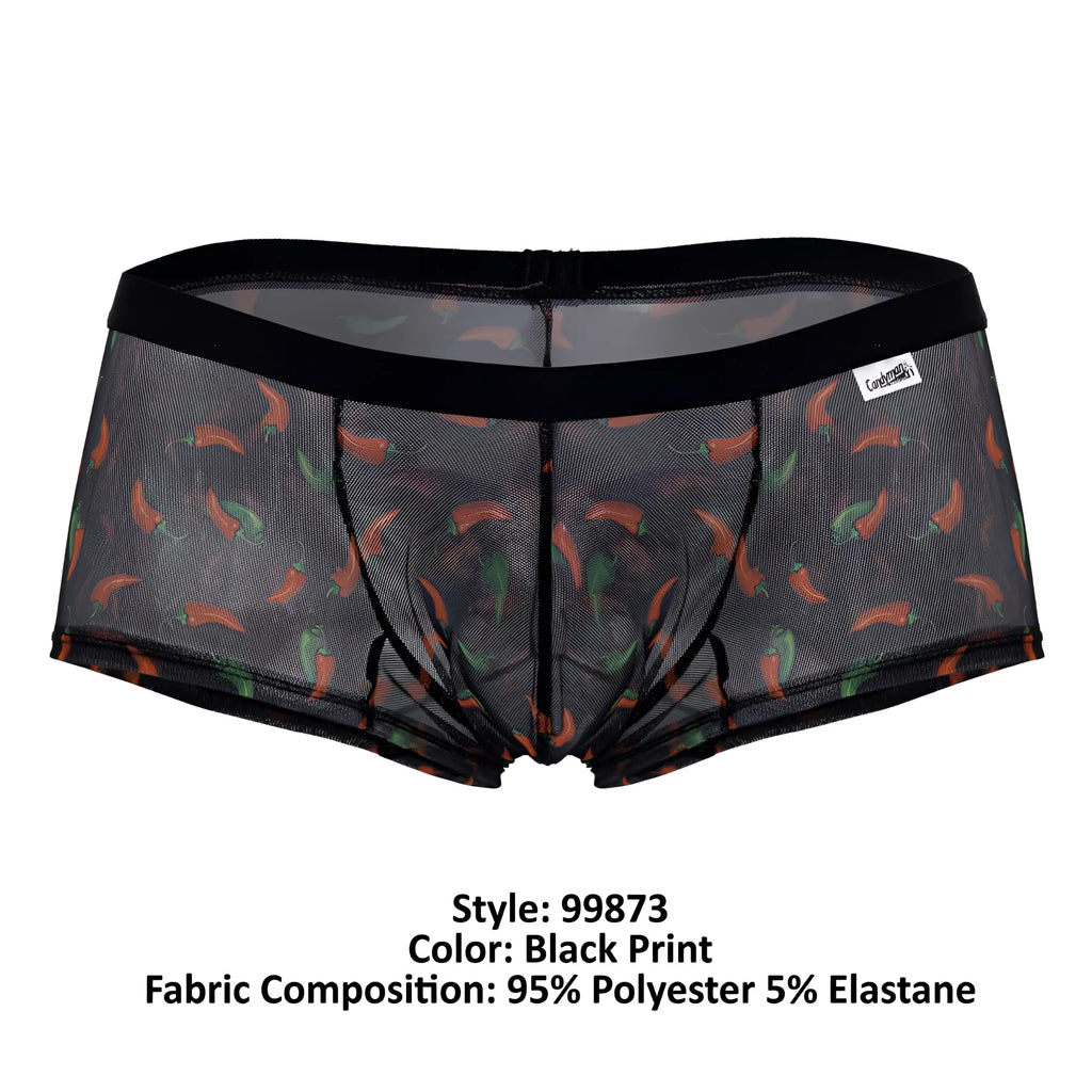 Black mesh candyMan 99873 chili pepper trunks featuring vibrant orange and green chili pepper print