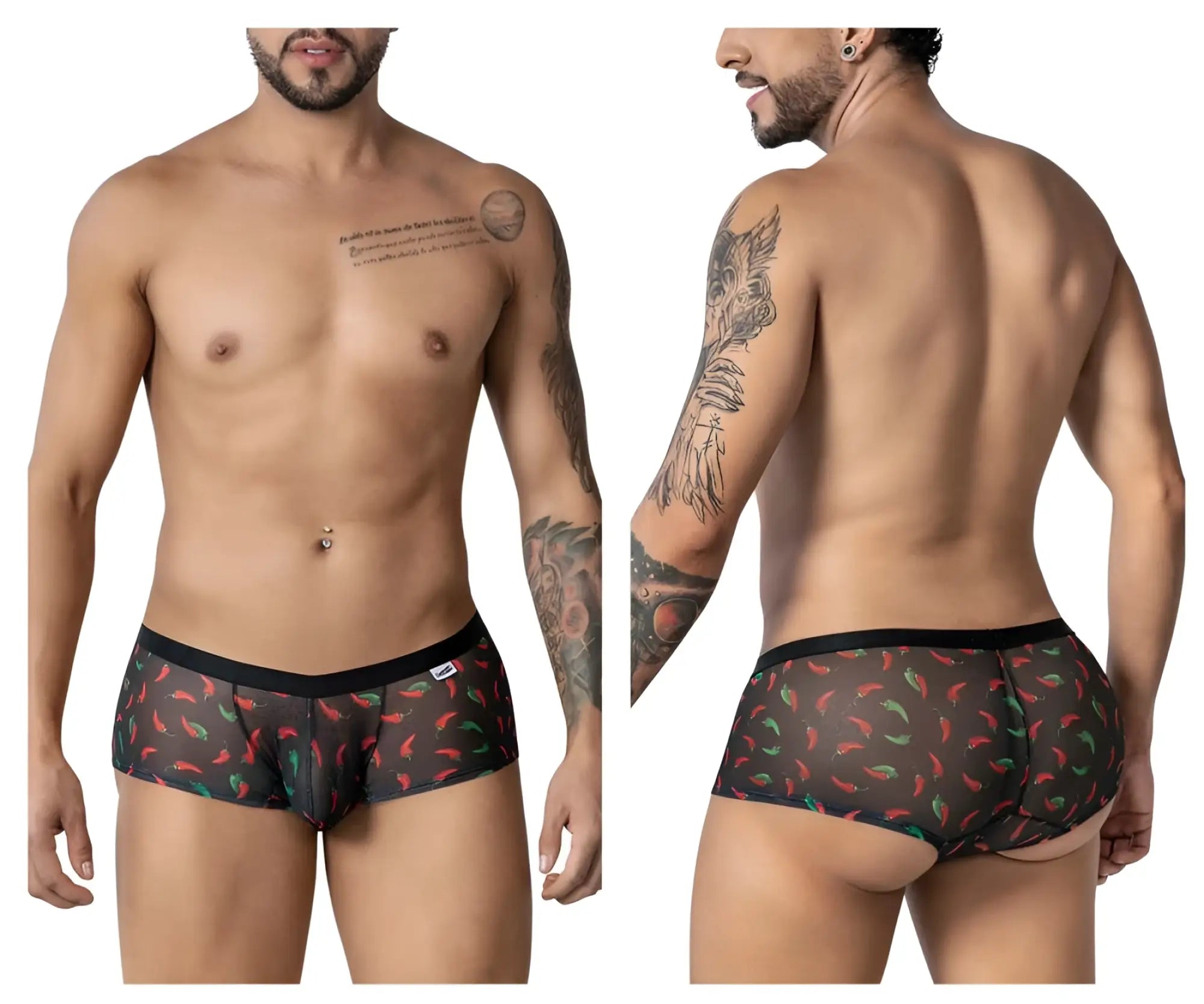 Black CandyMan 99873 mesh briefs with a vibrant red and green chili pepper print