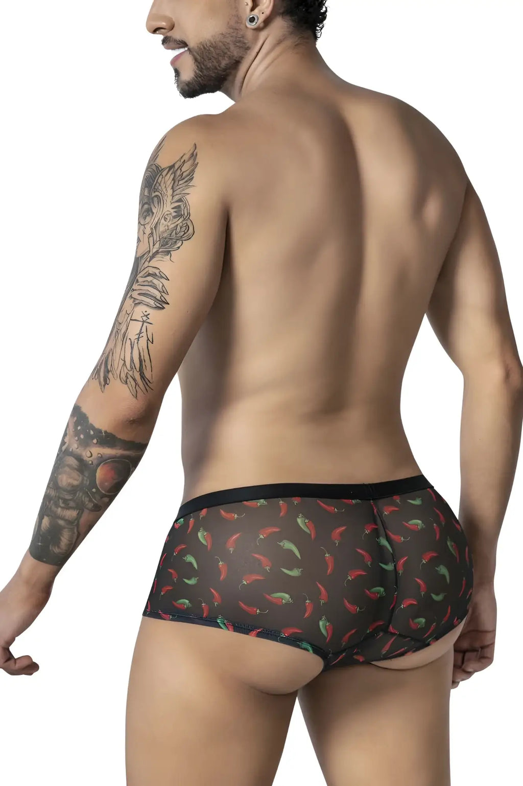 Black mesh CandyMan 99873 chili pepper trunks featuring a vibrant red and green chili pepper print