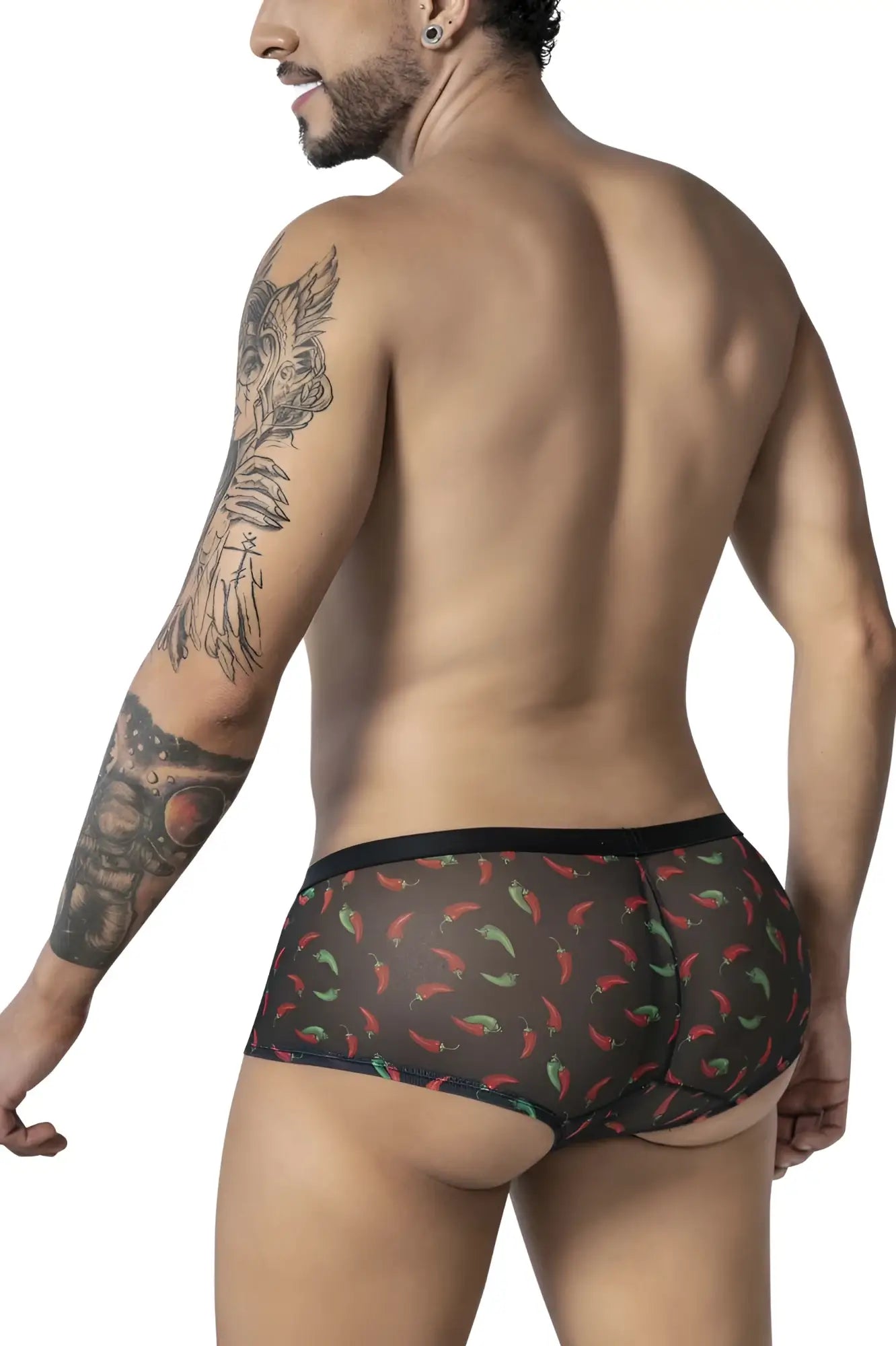 Black mesh CandyMan 99873 chili pepper trunks featuring a vibrant red and green chili pepper print