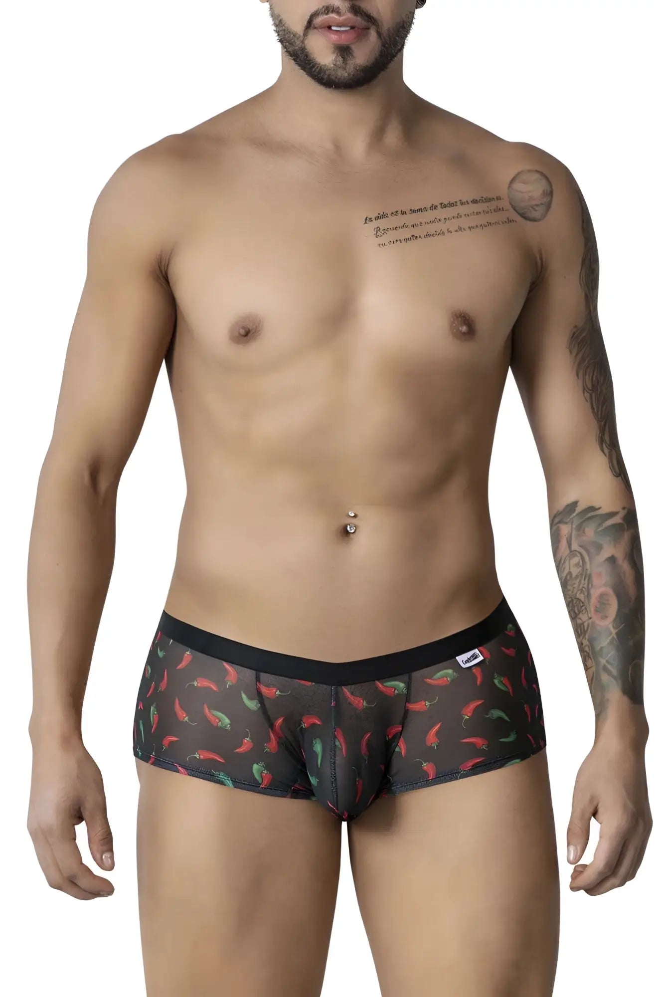 Black candy man 99873 chili pepper trunks with red and green chili pepper print on sheer mesh fabric