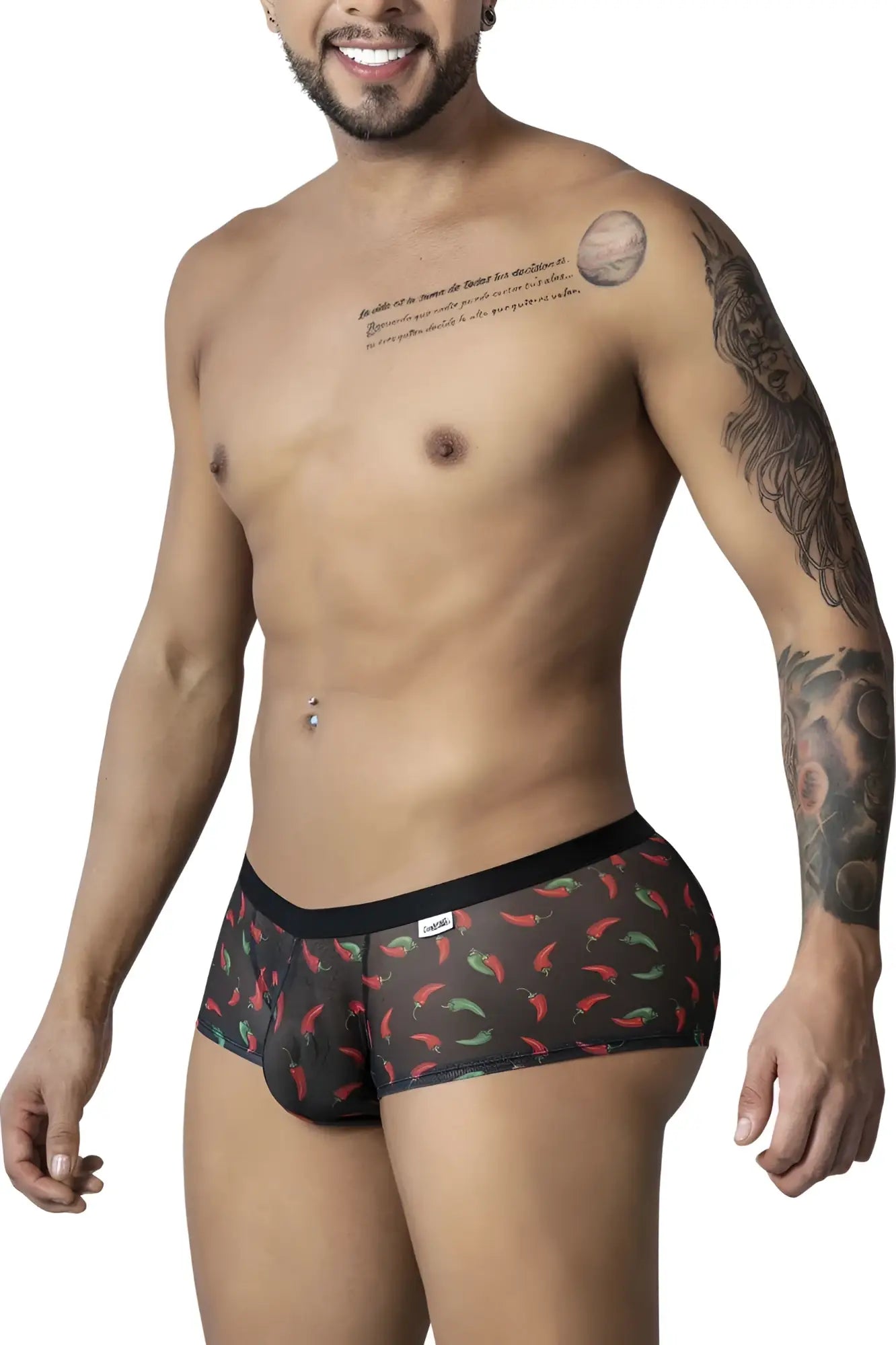 Black candyman 99873 trunks with red and green chili pepper print on sheer fabric for a bold statement look