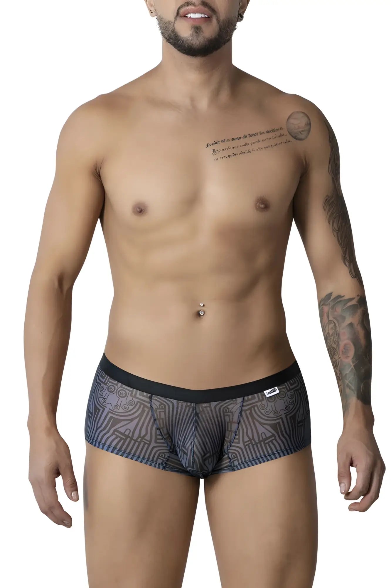 Candyman 99873 egyptian trunks gray-black men’s briefs with black and gray patterned sheer mesh fabric