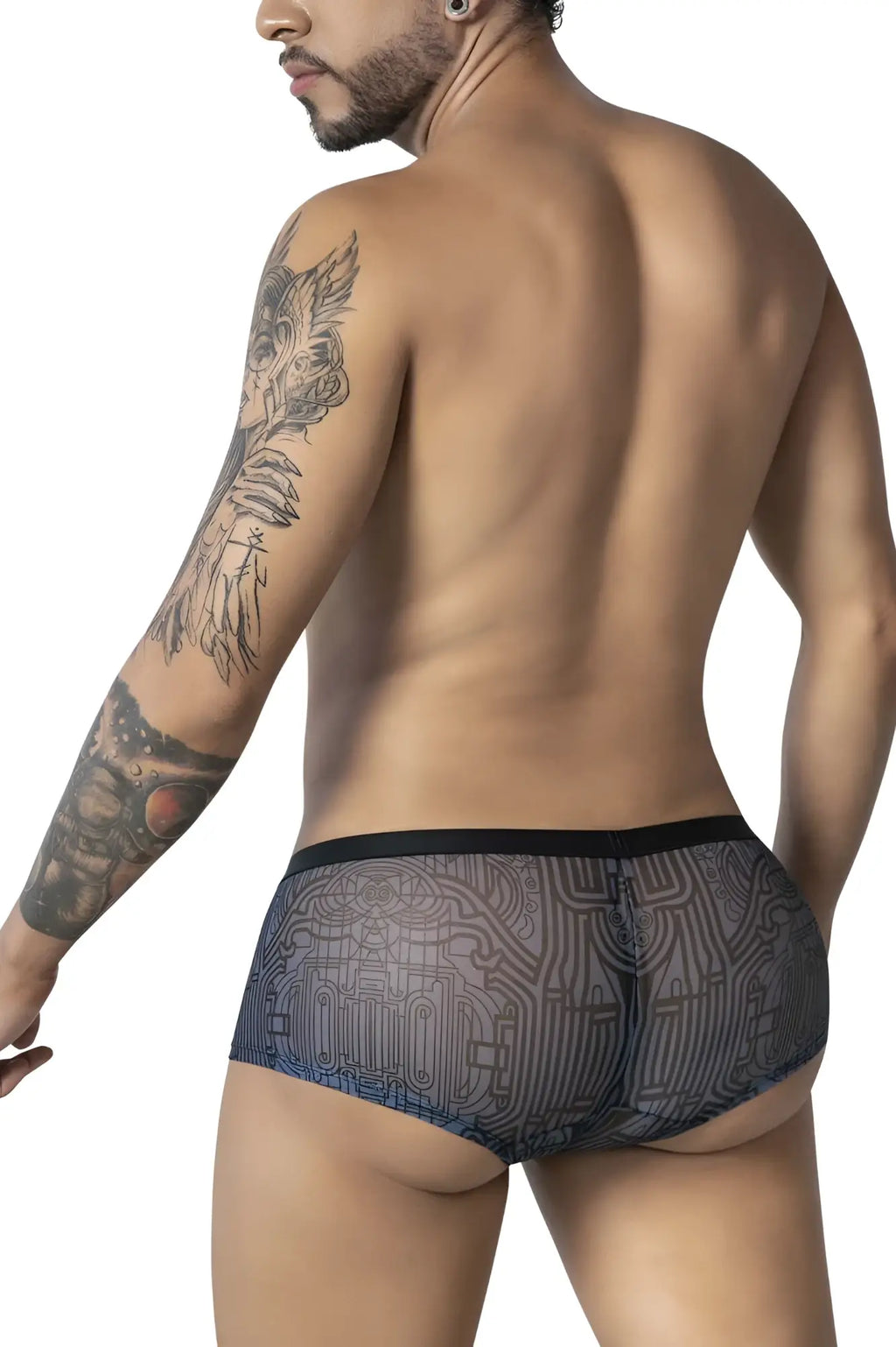 CandyMan 99873 Egyptian trunks gray-black mesh briefs with black and gray circuit board pattern design