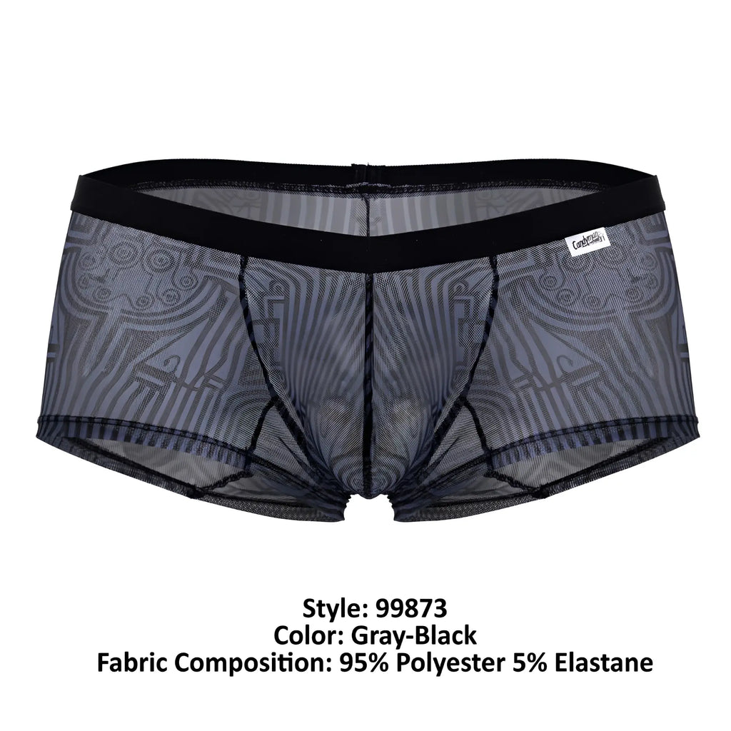 Gray-black sheer mesh CandyMan 99873 Egyptian trunks with black elastic waistband and geometric patterns front view