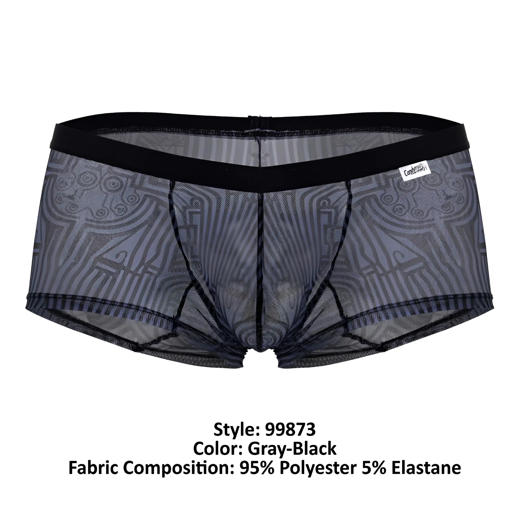 Gray-black sheer mesh CandyMan 99873 Egyptian trunks with black elastic waistband and geometric patterns front view