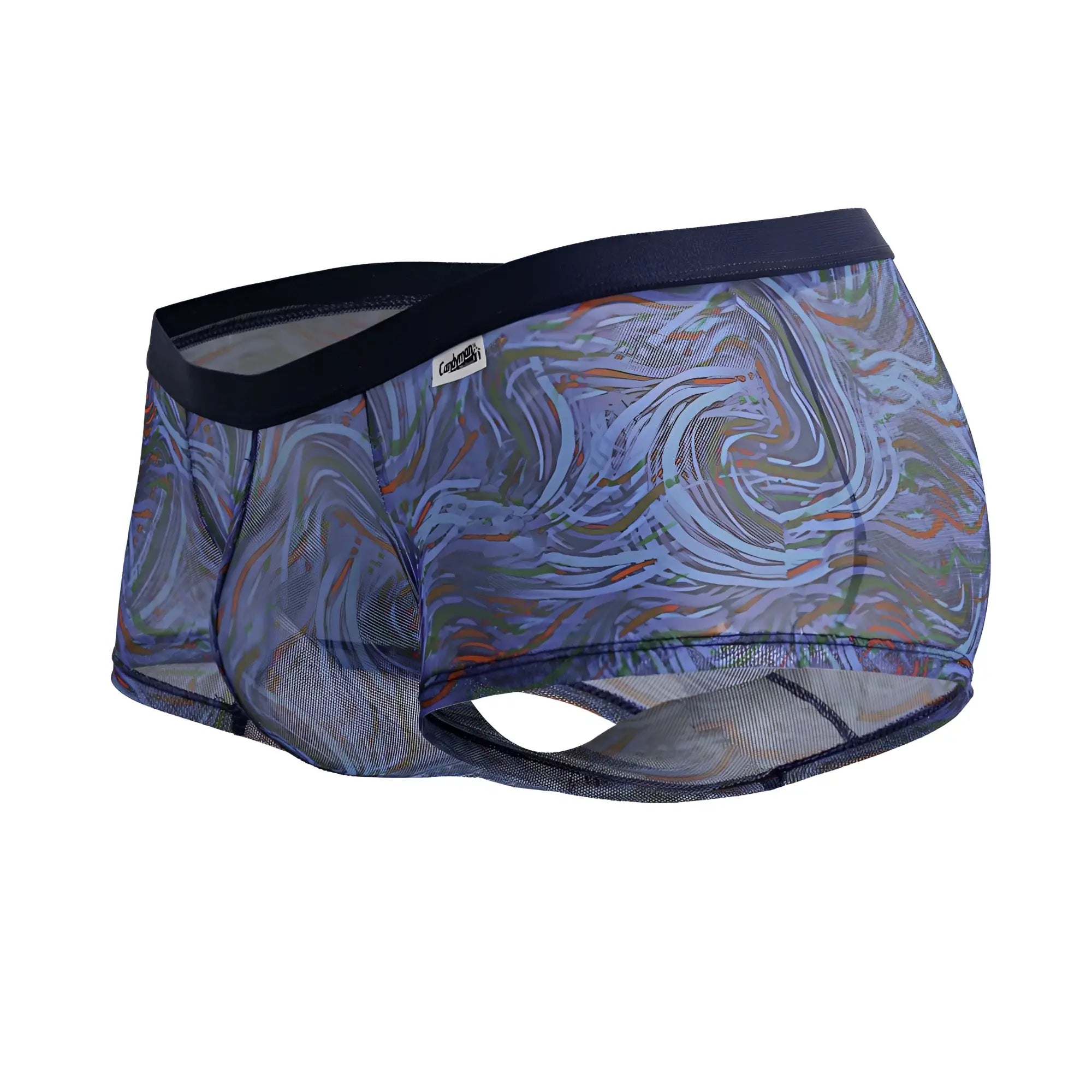 Candyman 99873 seawater multicolor print men’s briefs with blue gray swirl pattern and black elastic waistband